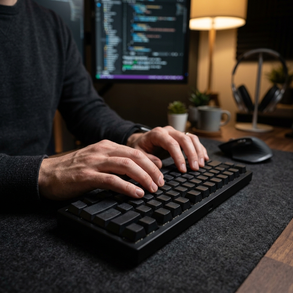 Close up of hands typing on a high-end mechanical keyboard
