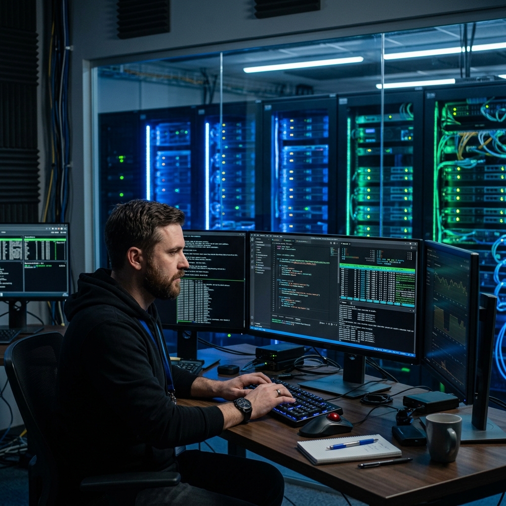 High-tech IT workspace with terminal screens and server background